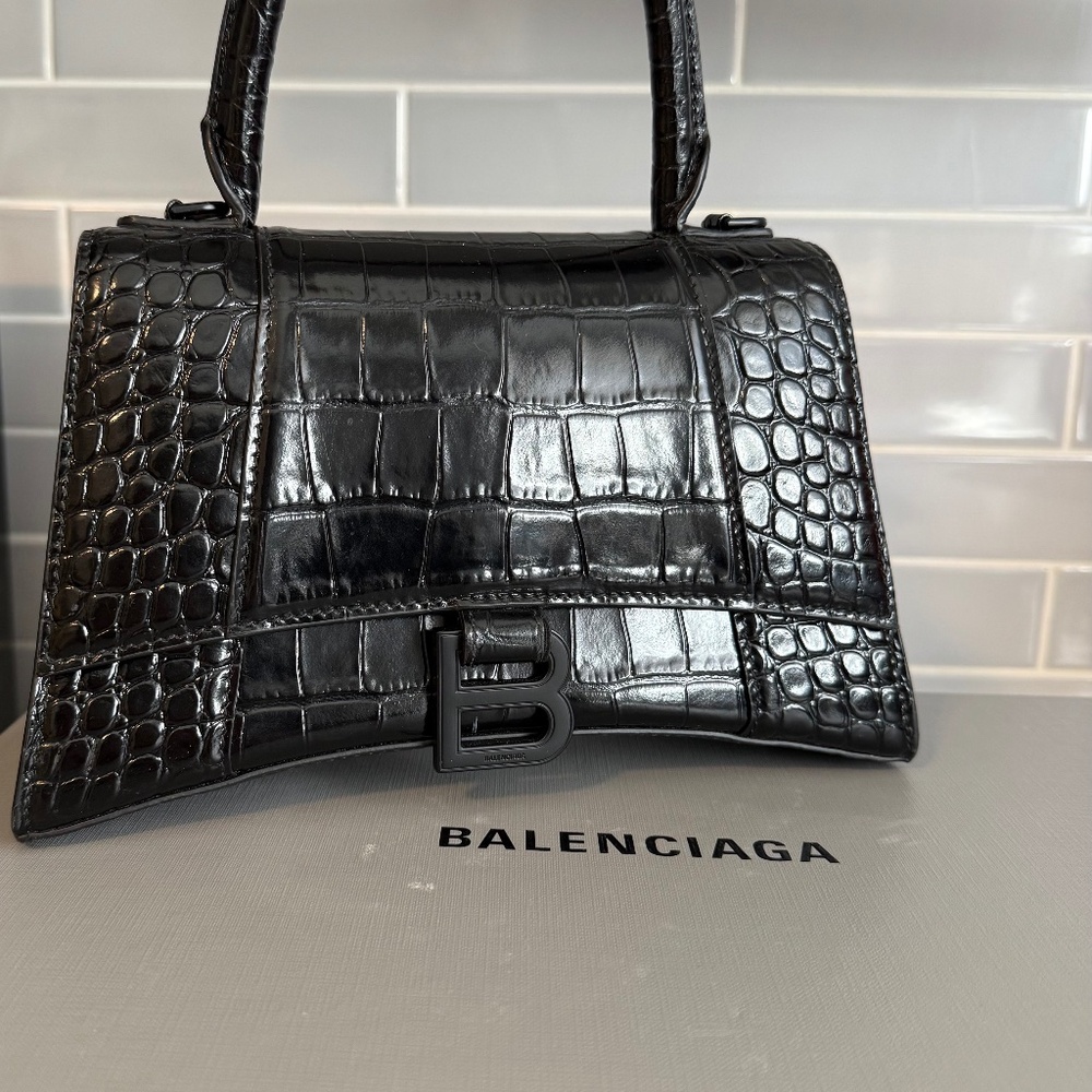 Balenciaga Hourglass Small in Black Crocodile